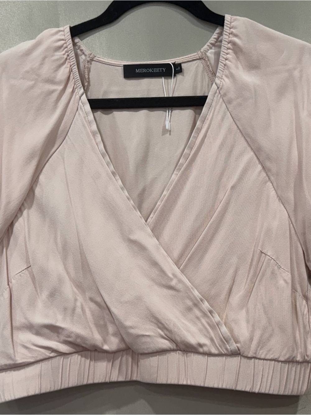 MEROKEETY Blush Pink Wrap-Front Blouse